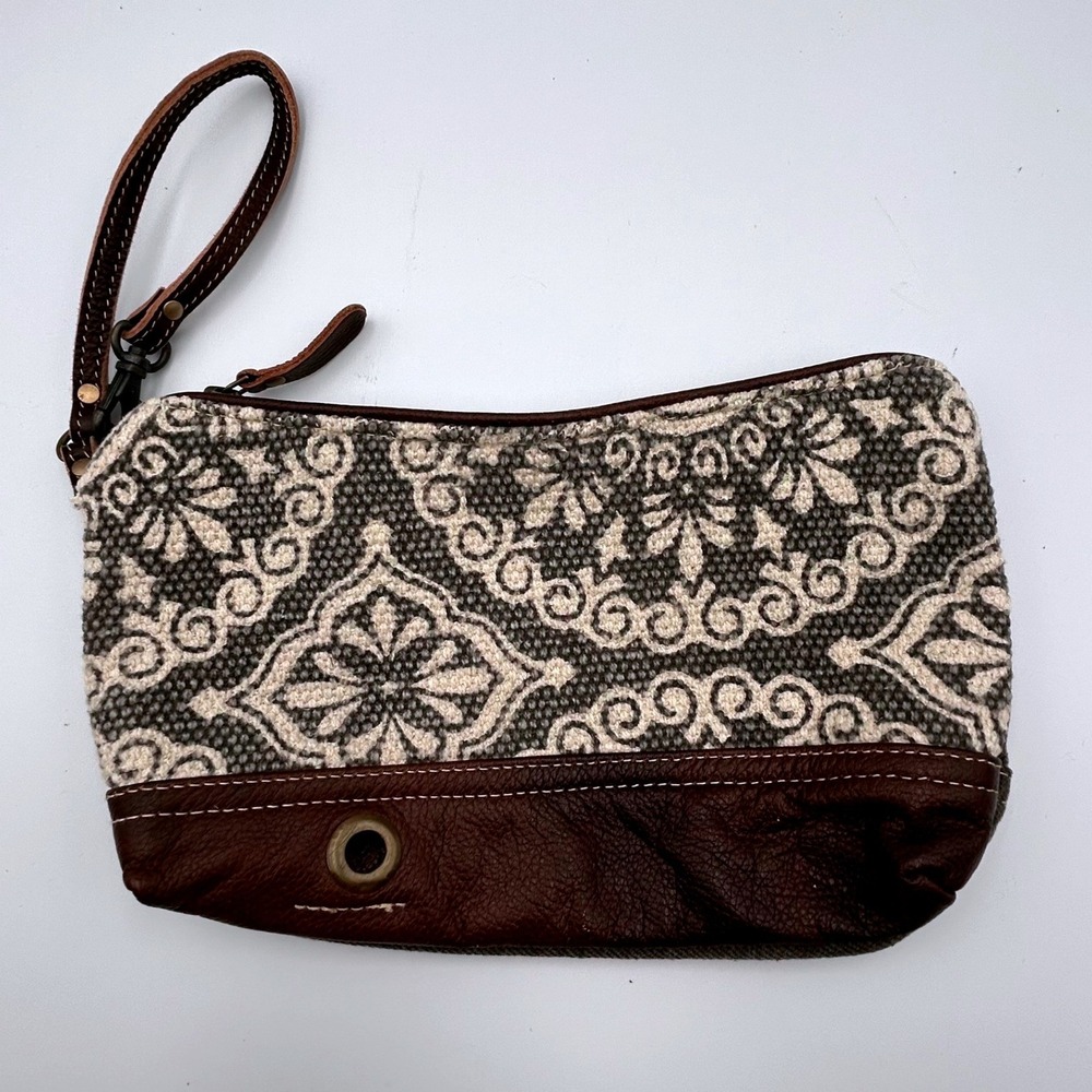 Myra Bag Canvas and Leather Wristlet Clutch Damask Pattern Brown Charcoal Grey